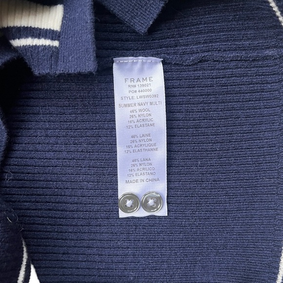 Frame Denim Navy / White Ribbed Off-the-Shoulder Button Down Sweater, sz Med - Picture 9 of 11